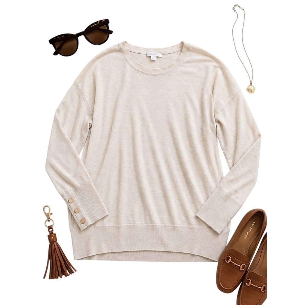 Chico's Oatmeal Cream Lightweight Knit Sweater Button Cuff Women's Size 1 Medium